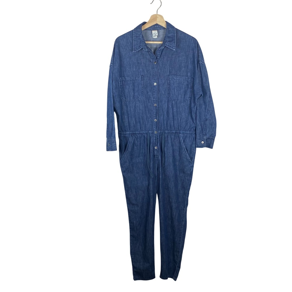 Tomboy Denim Jumpsuit Medium Wash Button Front Drawstring Waist One‎ Piece